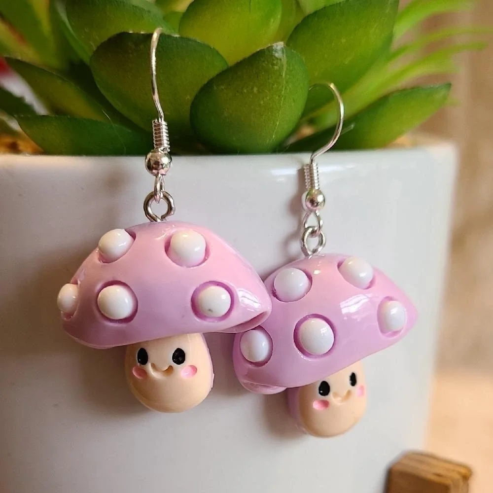 Handcrafted Lavender Mushroom Dangle Drop Earrings NEW Playful Ladies/Girls